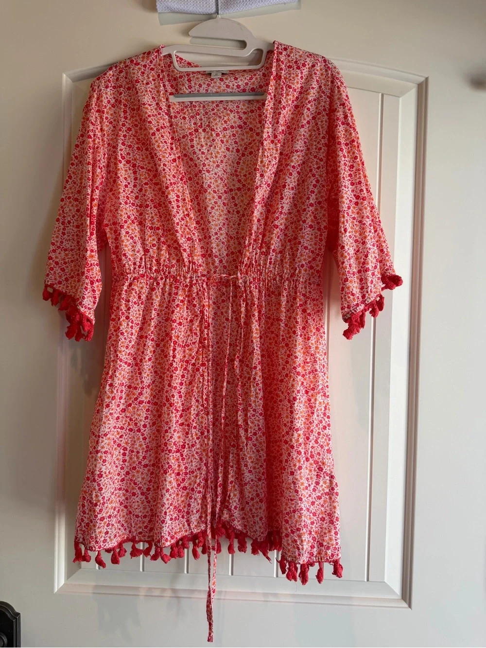 J.Crew Floral Tassel Tunic Cover-Up Red Pink Lightweight Beach Vacation Size M